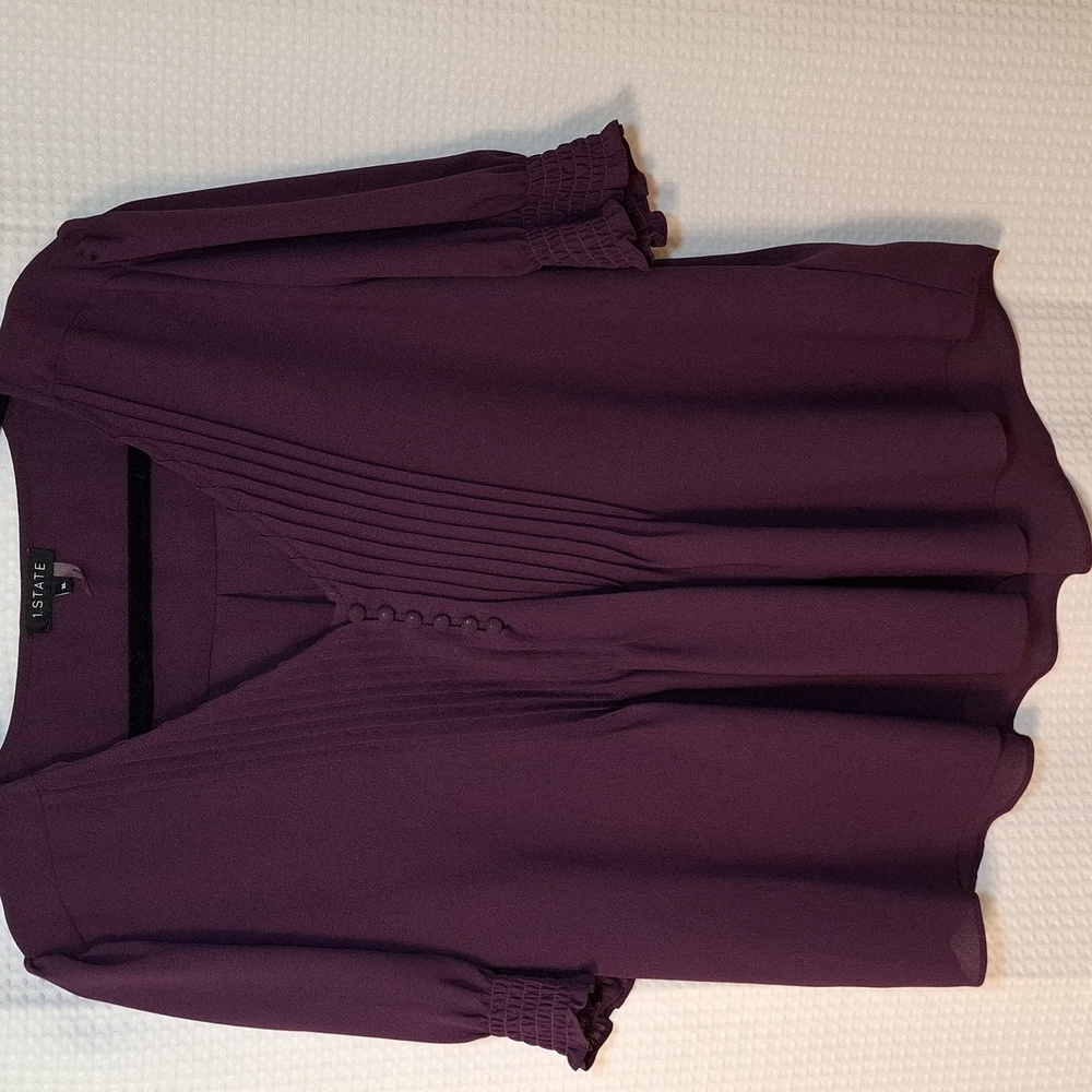 ✨ 1.State Dark Purple Blouse – Size XL, Puff Sleeve, V-Neck, Pleated Blouse ✨